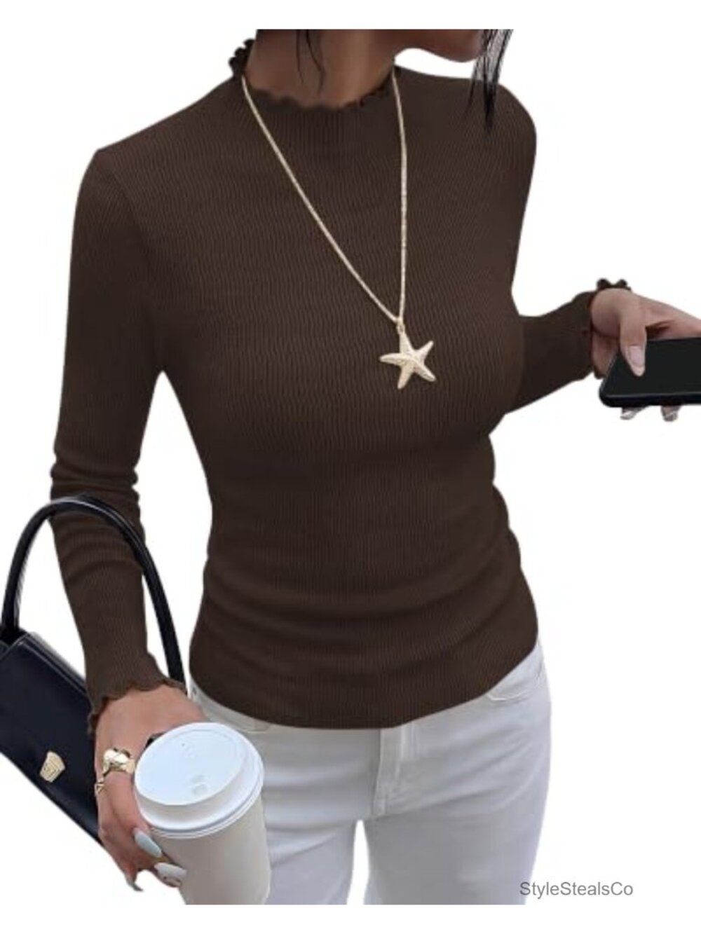 Ribbed Knit Mock Neck Ruffle Long Sleeve T-Shirt Slim Fit Women's Top